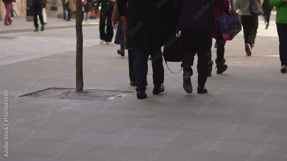 Busy city street with pedestrians walking near financial district buildings. Busy city street with pedestrians walking near financial district buildings.