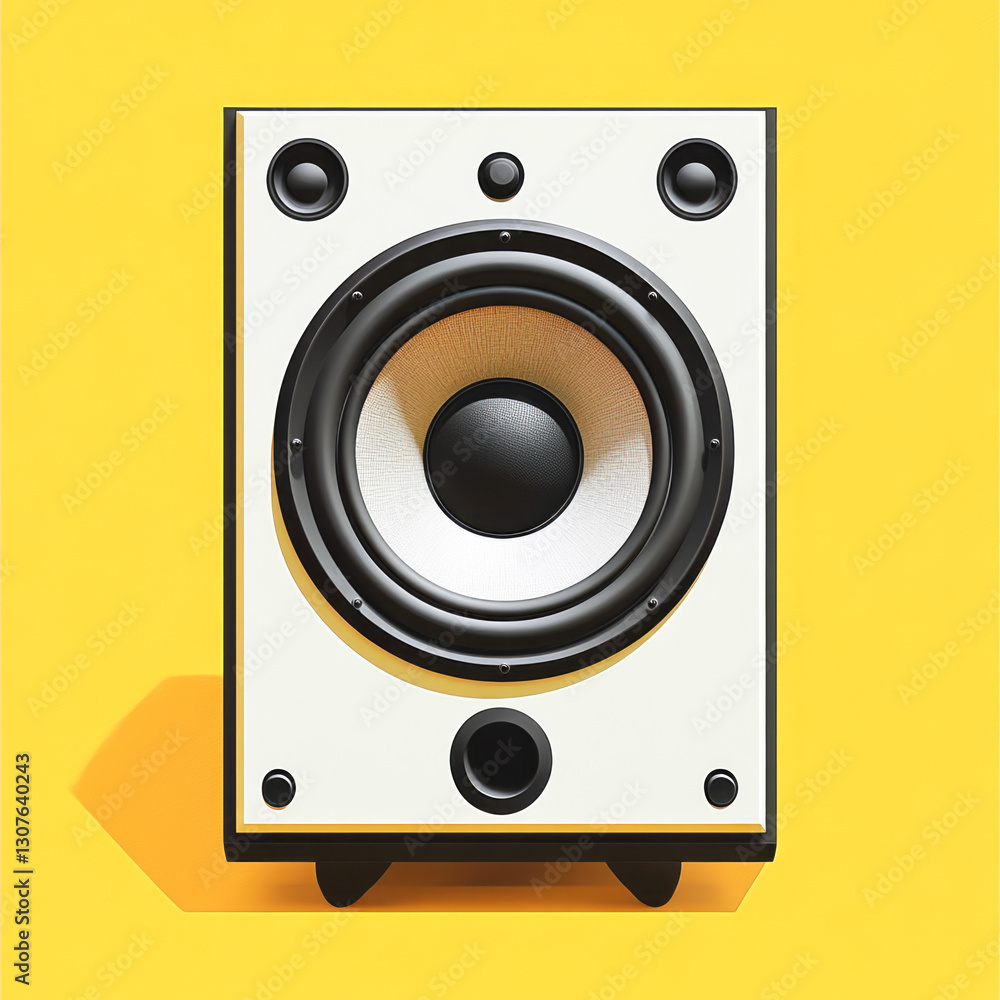 Minimalist white speaker against vibrant yellow background Minimalist white speaker against vibrant yellow background