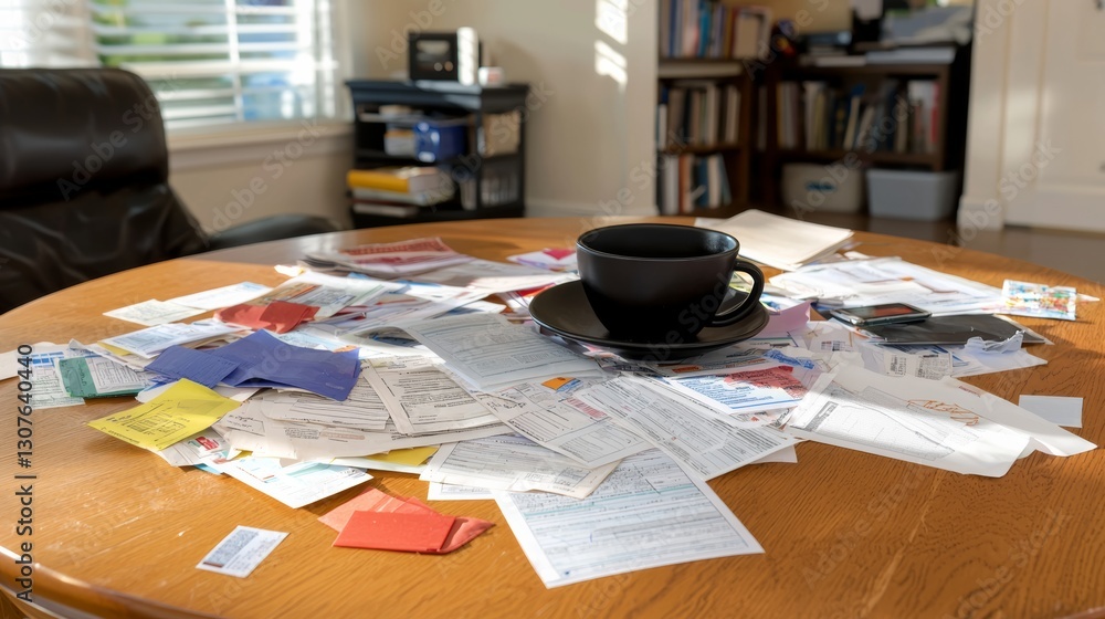 Overwhelmed with bills and paperwork alongside a coffee break Overwhelmed with bills and paperwork alongside a coffee break