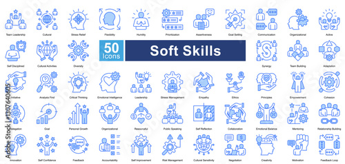 Soft Skills icon set in blue color style, featuring 50 icons of communication, leadership, adaptability, and teamwork. Perfect for HR, personal development, and career growth.