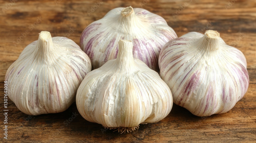 Obraz premium Four garlic bulbs on rustic wood, close-up