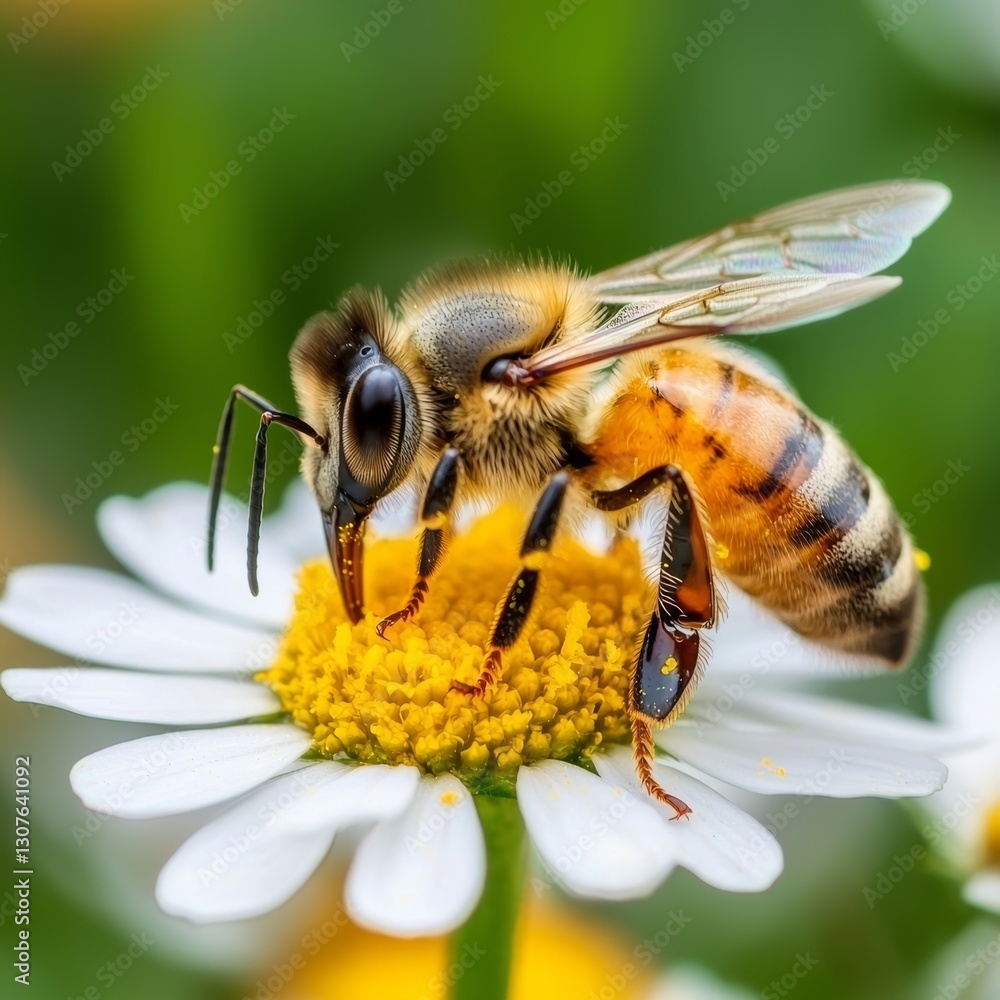 Close-up of honeybee gathering pollen from a white daisy flower in the garden. Close-up of honeybee gathering pollen from a white daisy flower in the garden.