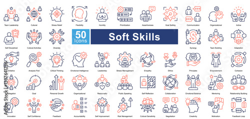 Soft Skills icon set in dual tone style, featuring 50 icons of communication, leadership, adaptability, and teamwork. Perfect for HR, personal development, and career growth.