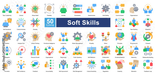 Soft Skills icon set in flat style, featuring 50 icons of communication, leadership, adaptability, and teamwork. Perfect for HR, personal development, and career growth.