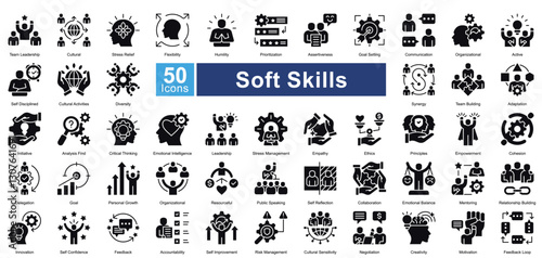 Soft Skills icon set in glyph style, featuring 50 icons of communication, leadership, adaptability, and teamwork. Perfect for HR, personal development, and career growth.