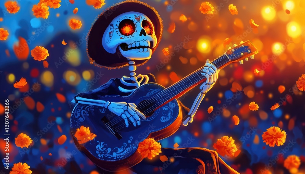 Obraz premium Cute Skeleton Playing Guitar At Night With Marigold Petals Falling Around In Day Of The Dead Or Dia De Muertos Celebration