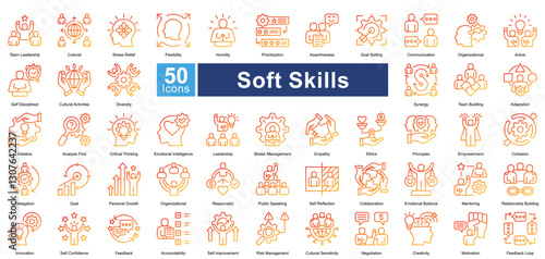 Soft Skills icon set in line gradient style, featuring 50 icons of communication, leadership, adaptability, and teamwork. Perfect for HR, personal development, and career growth.