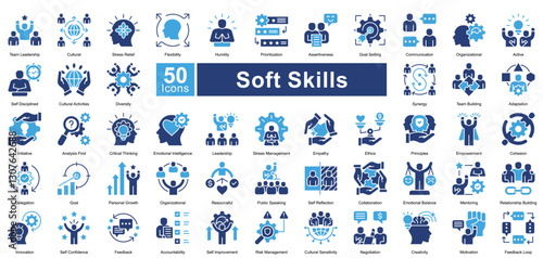 Soft Skills icon set in two color style, featuring 50 icons of communication, leadership, adaptability, and teamwork. Perfect for HR, personal development, and career growth.