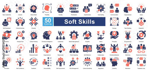 Soft Skills icon set in mixed style, featuring 50 icons of communication, leadership, adaptability, and teamwork. Perfect for HR, personal development, and career growth.