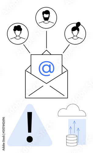 Open envelope sending email with recipients profiles above, cloud storage icon with upward arrows, attention alert triangle. Ideal for communication, digital connection, teamwork, networking, data