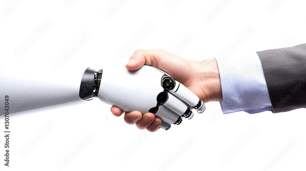 A human hand shakes a robotic hand, symbolizing collaboration between technology and humanity in a professional context. A human hand shakes a robotic hand, symbolizing collaboration between technology and humanity in a professional context.