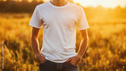 Casual Fashion. Man in White T-Shirt Standing in Golden Sunlight Field with Hands in Pockets