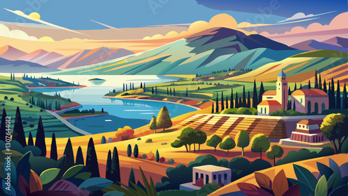 Stunning Galilee Landscape: A Breathtaking Panorama of Israel's Lake and Golan Heights from the Mount of Beatitudes