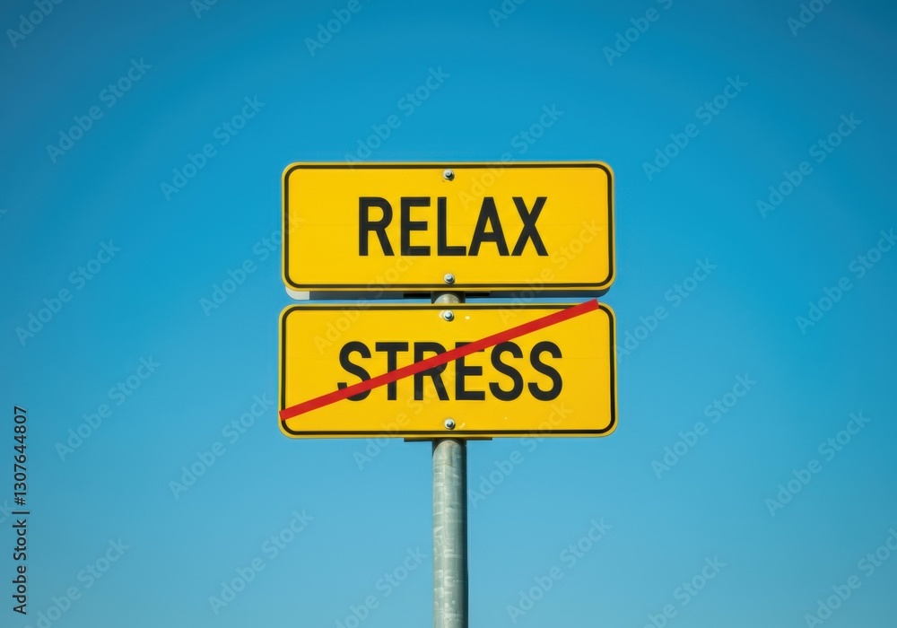 Contrast between relaxation and stress on yellow road sign against blue sky Contrast between relaxation and stress on yellow road sign against blue sky