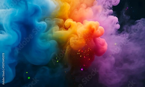 An abstract and vibrant explosion of colored smoke and particles against a dark background.