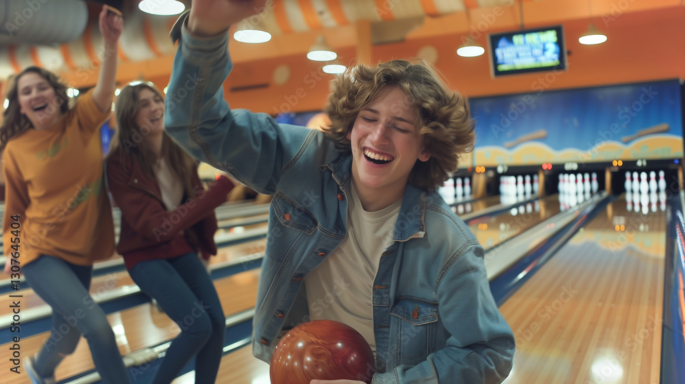Fototapeta premium This Friends are having a great time bowling and celebrating a lively party atmosphere together.