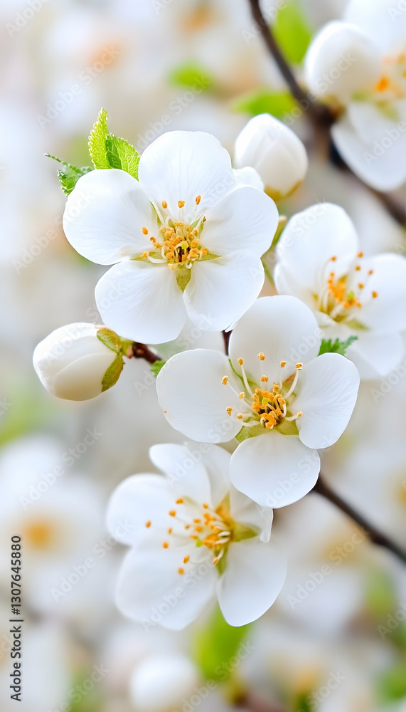 Delicate white blossoms on a branch, springtime garden, blurred background; ideal for greeting cards or spring themes Delicate white blossoms on a branch, springtime garden, blurred background; ideal for greeting cards or spring themes