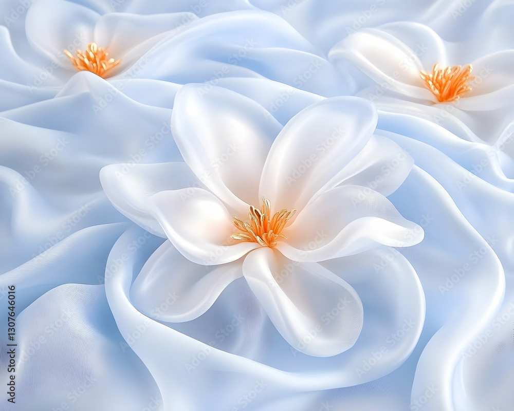 Fototapeta premium Delicate white flowers on flowing blue silk; elegant background for design or print