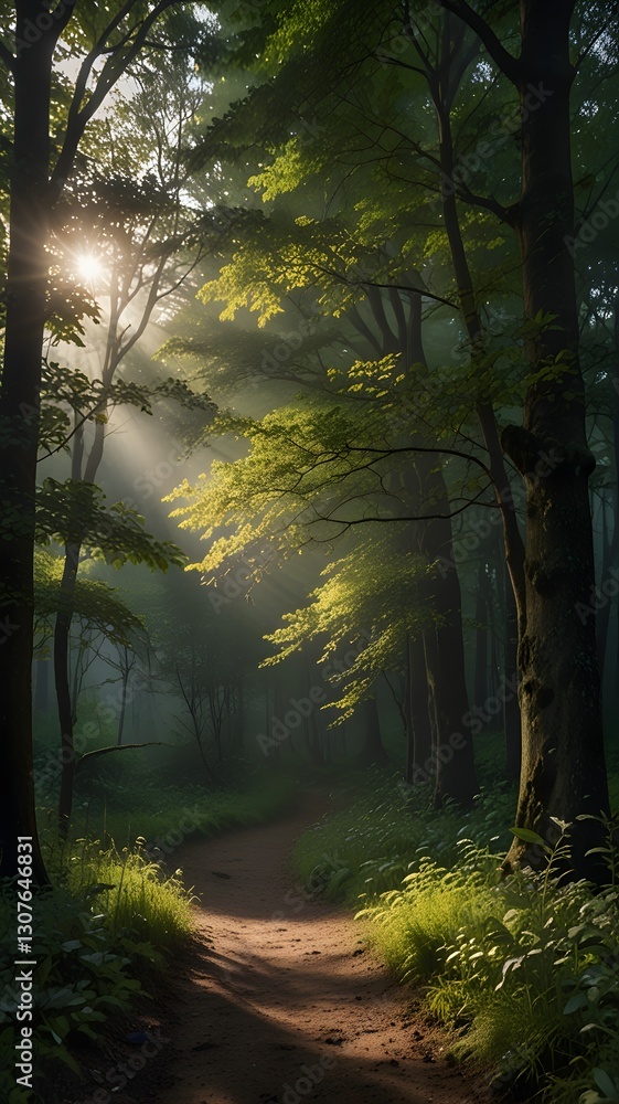 Obraz premium Sunlit Forest Path: A Tranquil Walk in Nature