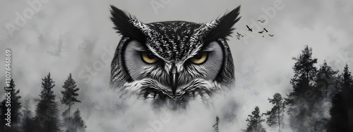 Black and white owl face with a foggy forest background tattoo design
