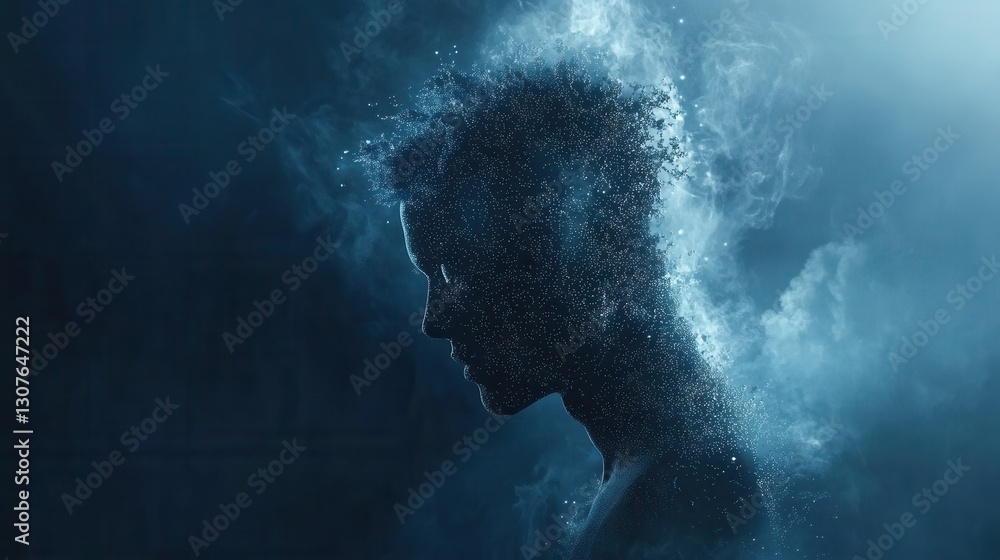 Fototapeta premium Futuristic human silhouette formed by digital particles symbolizes the rise of technology in politics and society Generative AI