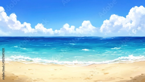 Sunny beach scene with turquoise ocean and fluffy clouds.