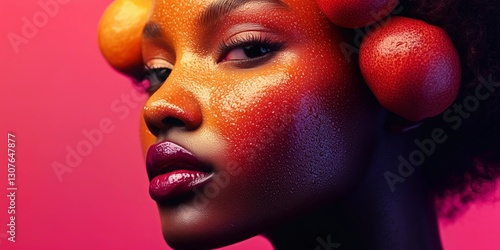 beauty composition showcasing a woman’s face merging with oranges and grapefruit, highlighting glossy textures