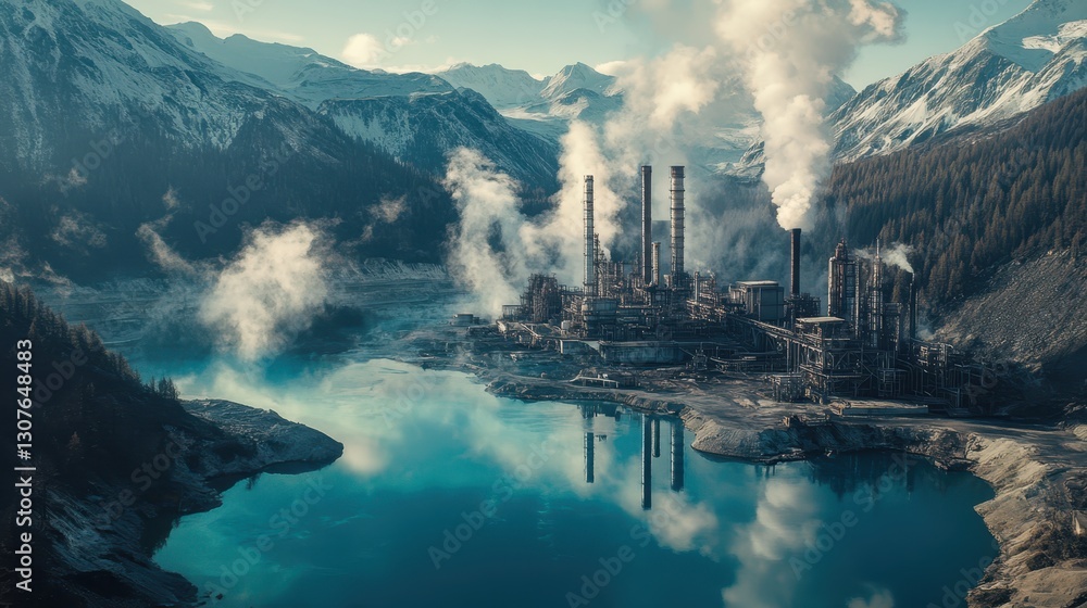 Fototapeta premium Scenic Factory Landscape. Chimneys Emit Smoke Over Mountains and Turquoise Lake.