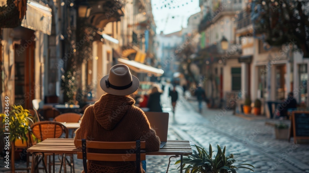 Naklejka premium Freelancer working remotely in a vibrant cafe while enjoying the lively atmosphere of an outdoor street