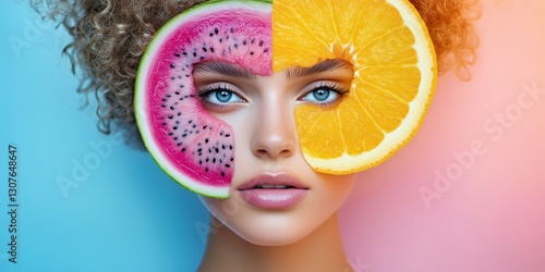 visually striking composition featuring a model’s blue eyes and dual fruit elements, blending nature and fashion in a high-resolution surreal artwork.