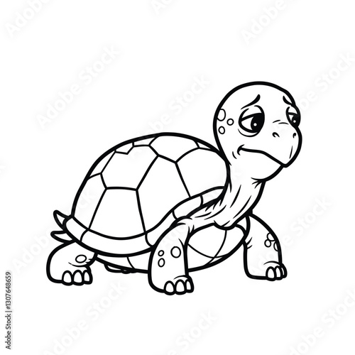 Funny Clumsy Turtle with Cracked Shell - Black and White Vector Cartoon