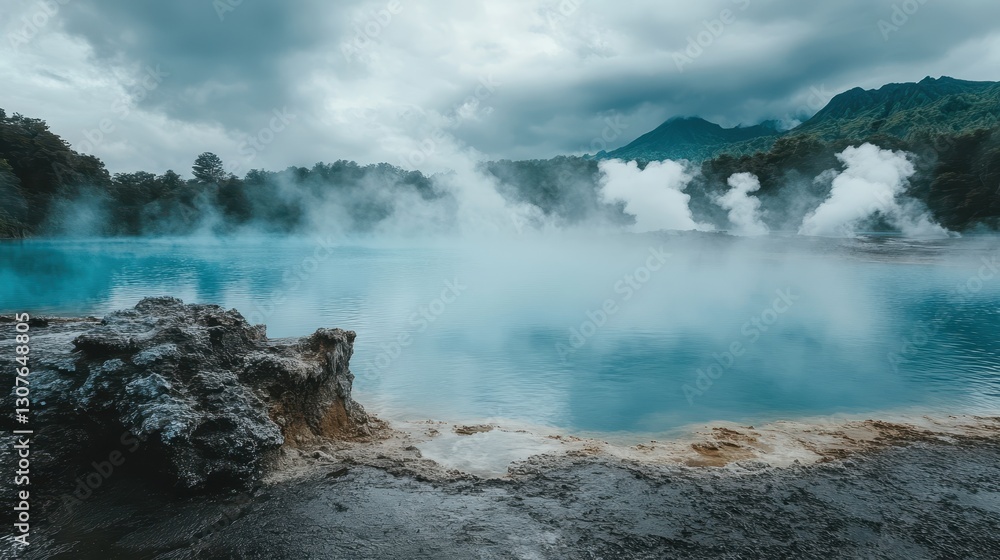 Mystical Waterscape. Turquoise Lake and Misty Mountains in Nature's Embrace Mystical Waterscape. Turquoise Lake and Misty Mountains in Nature's Embrace