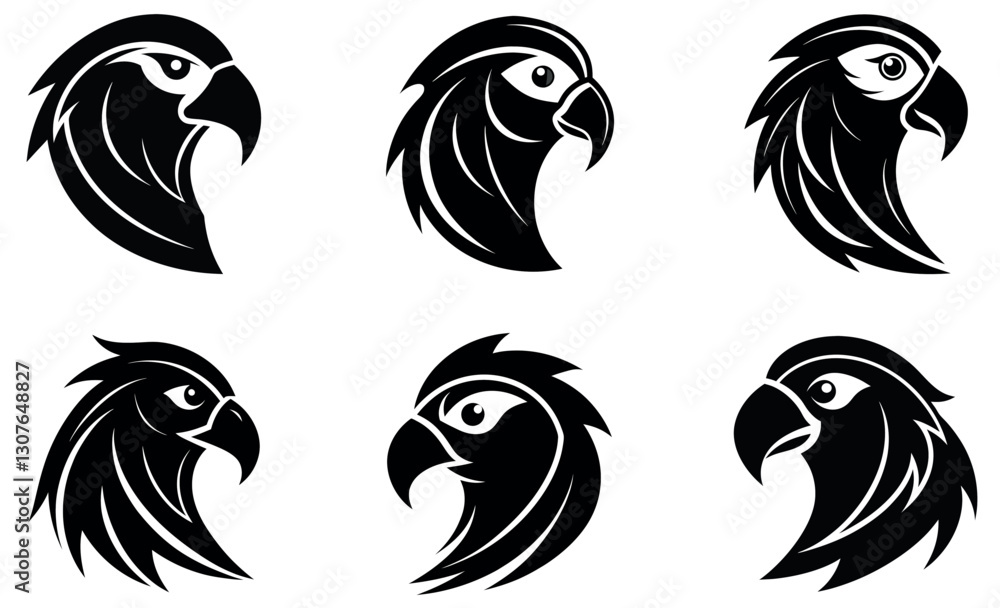 Fototapeta premium Six black and white, stylized bird head logos, likely for use as icons or graphics.