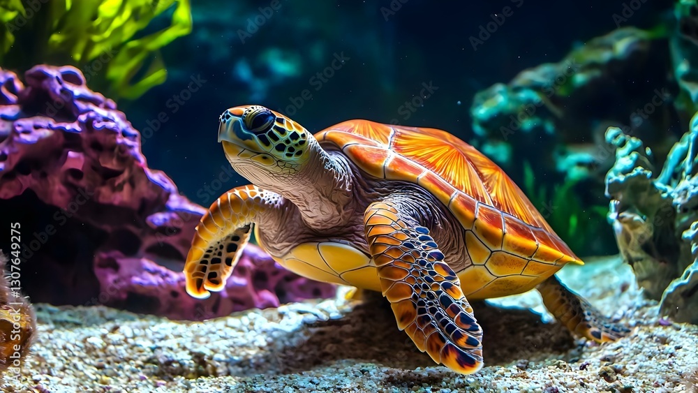 Fototapeta premium A detailed image of a sea turtle swimming gracefully among colorful coral and aquatic plants in a vibrant underwater environment. Concept Underwater Scene, Sea Turtle, Vibrant Coral Reef