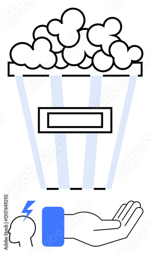 Large bucket of popcorn with minimal design, human head with a lightning bolt, and open hand. Ideal for creativity, sharing, leisure, communication, generosity, movie culture flat simple metaphor