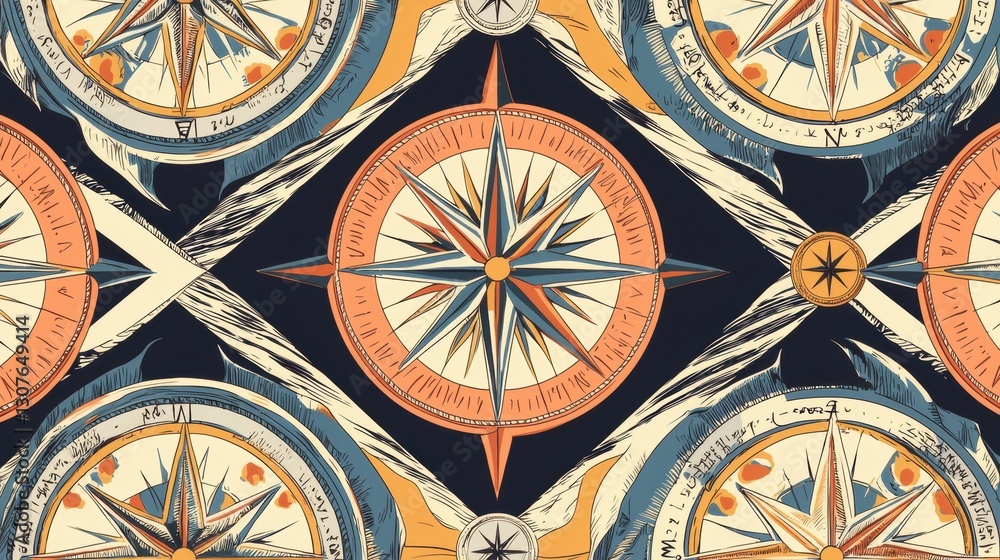 Fototapeta premium Seamless pattern with a repeating design of a compass rose. the compass rose is in the center of the image and is surrounded by a blue background.