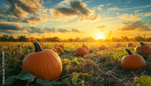 Pumpkins In The Field Under Sunlight: A Festive Fall Scene For Thanksgiving Celebration And Autumn Harvest With A Warm Glow.
