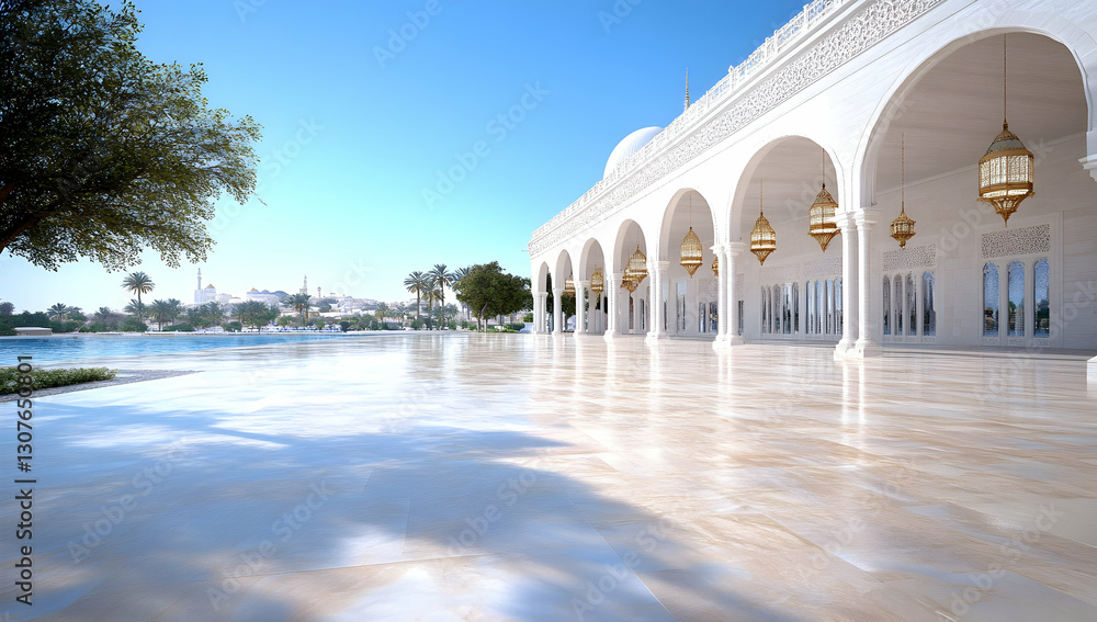 Obraz premium Luxurious Arabian Palace Courtyard Elegant architecture, reflecting pool, and distant cityscape under a sunny sky, ideal for travel brochures or luxury hotel marketing