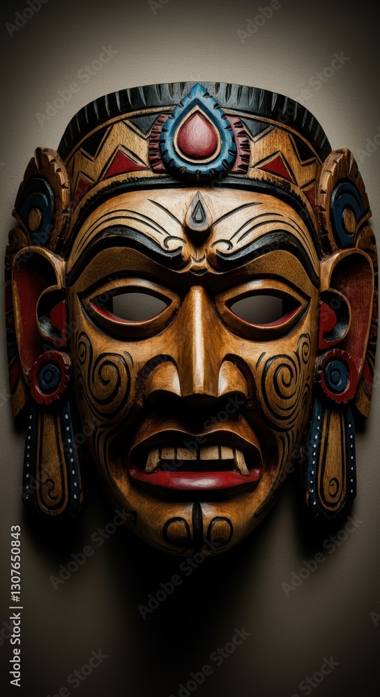 Intricate wooden tribal mask with bold patterns and vibrant colors on display Intricate wooden tribal mask with bold patterns and vibrant colors on display