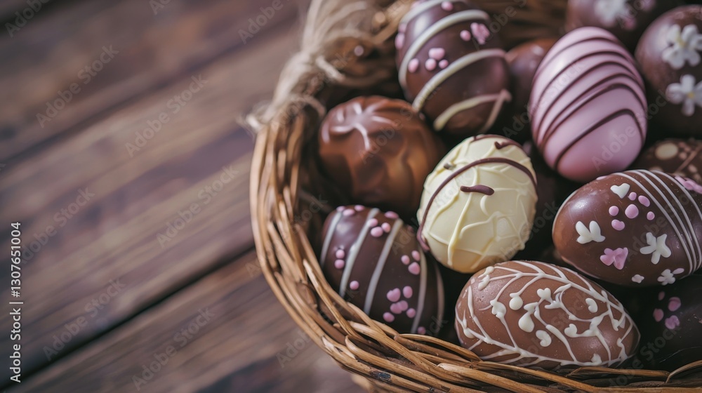Colorful chocolate eggs in a woven basket ready for Easter celebrations Colorful chocolate eggs in a woven basket ready for Easter celebrations