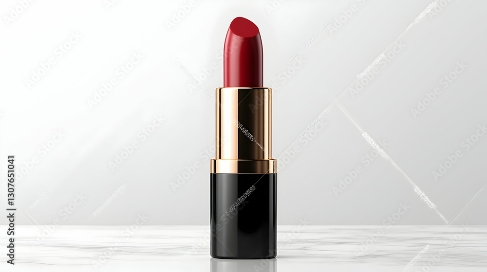 Red Lipstick with Gold Accents on Marble Surface Red Lipstick with Gold Accents on Marble Surface