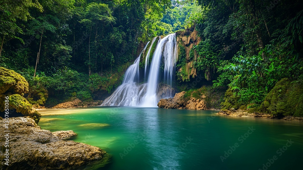 Serene Waterfall in Lush Tropical Paradise: A Tranquil Landscape Serene Waterfall in Lush Tropical Paradise: A Tranquil Landscape