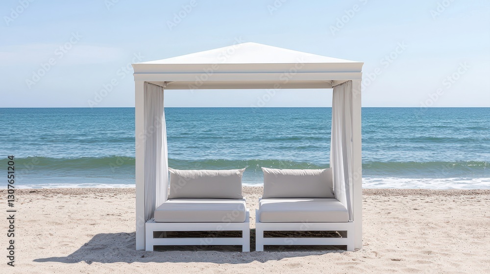 Obraz premium A serene beach scene featuring a white cabana with soft cushions, overlooking calm waves and a clear sky.