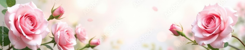 Fototapeta premium Pastel pink roses in full bloom on a soft white background, floral, greenery