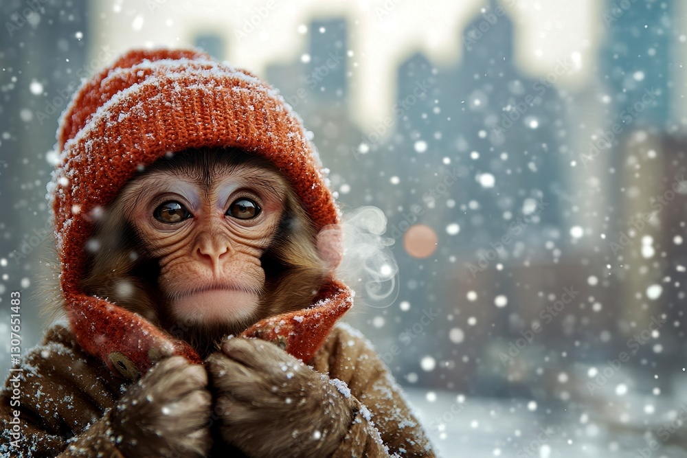 Problem of cold animals. Sad cute baby animal macaque in winter warm clothes, frosty breath from nose and mouth in chilly air. Social ad - animal care. Freezing forest patrol. Wild animal care. Problem of cold animals. Sad cute baby animal macaque in winter warm clothes, frosty breath from nose and mouth in chilly air. Social ad - animal care. Freezing forest patrol. Wild animal care.