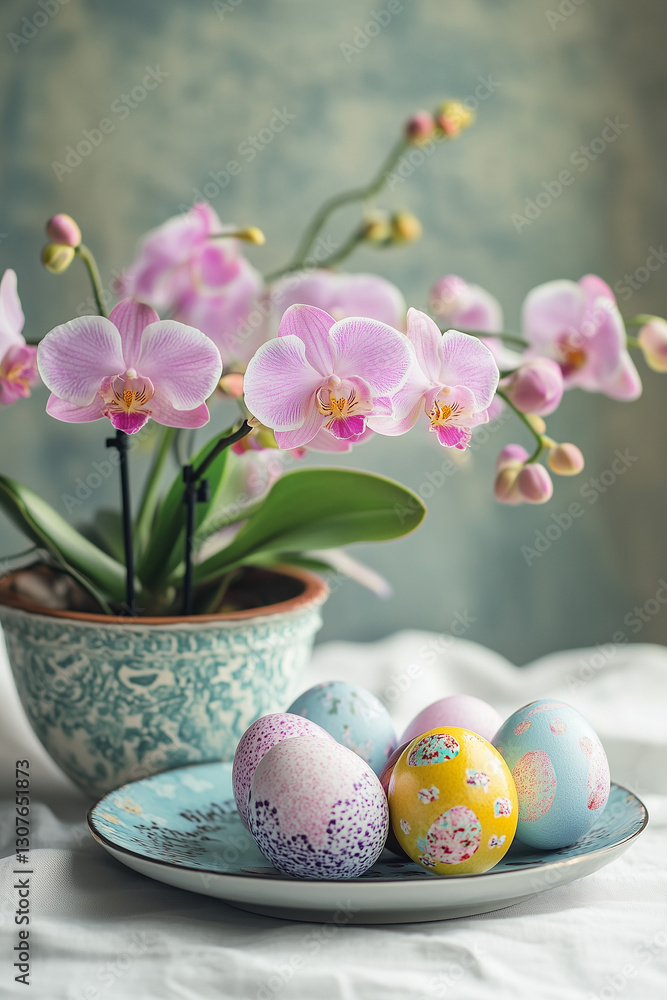 Fototapeta premium Pastel Easter Eggs and Orchids. Pastel Easter Eggs and Orchids