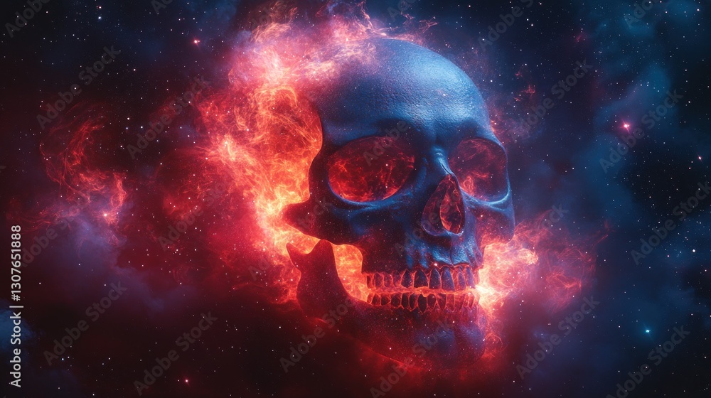 Burning skull in fiery nebula, cosmic background Burning skull in fiery nebula, cosmic background