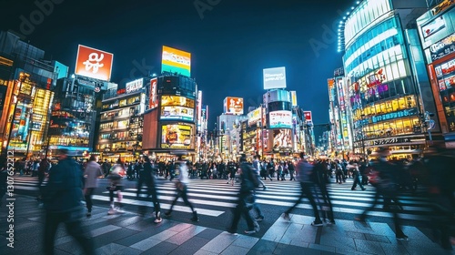 Crowds cross the bustling streets of Shibuya at night under bright neon lights in Tokyo