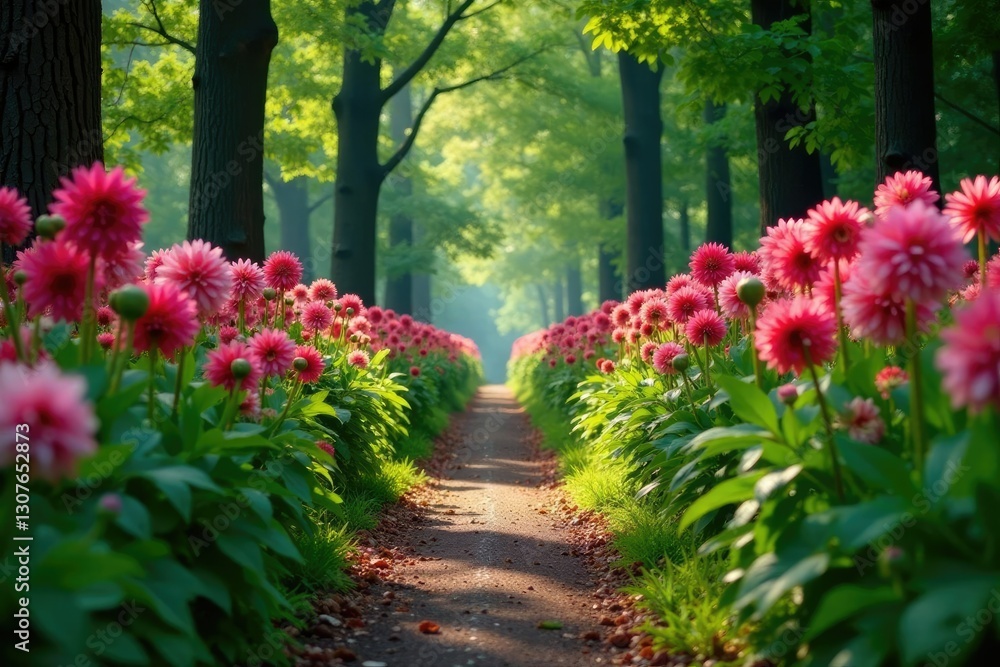 Fototapeta premium Pathway in forest garden lined with tall dahlia flowers swaying gently in the breeze, trees, foliage