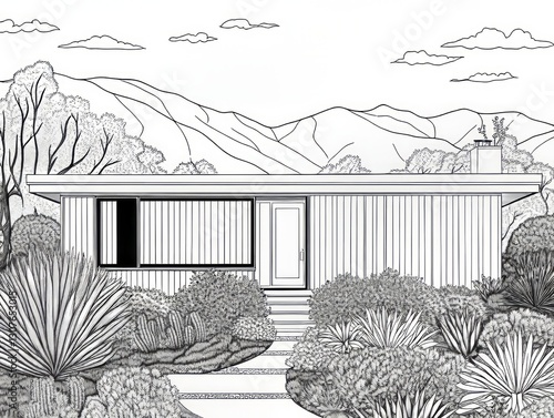 Monochrome mid-century modern house illustration with landscape
